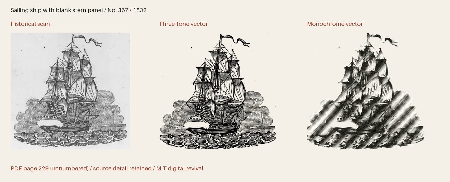 Historical scan beside the three-tone and monochrome vector revivals