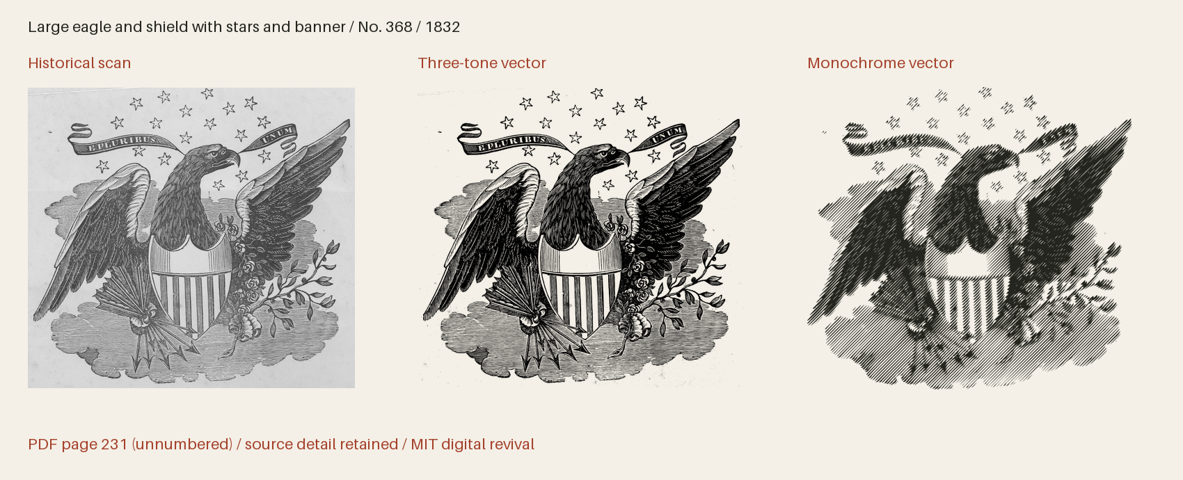 Historical scan beside the three-tone and monochrome vector revivals