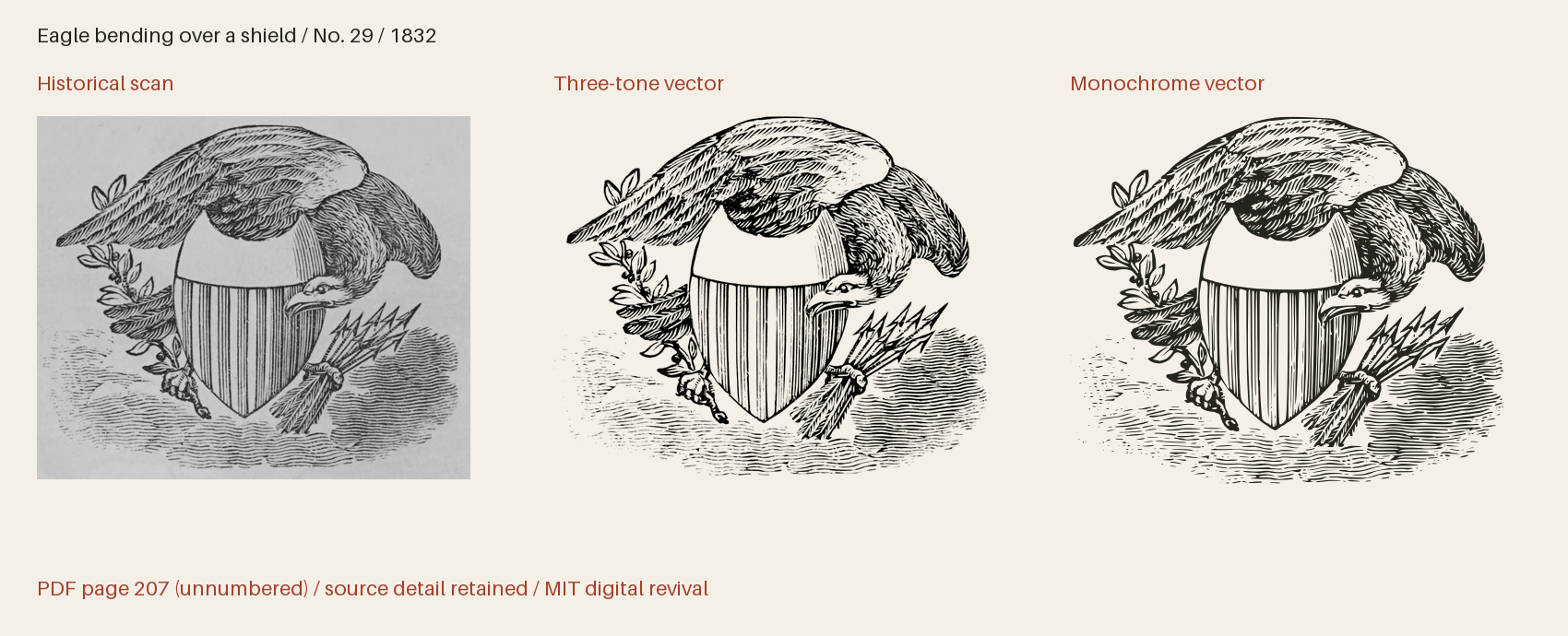 Historical scan beside the three-tone and monochrome vector revivals