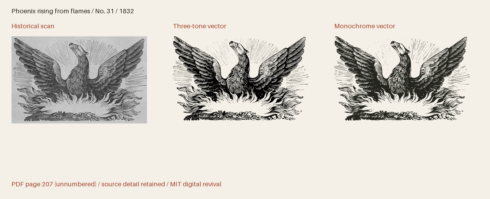 Historical scan beside the three-tone and monochrome vector revivals