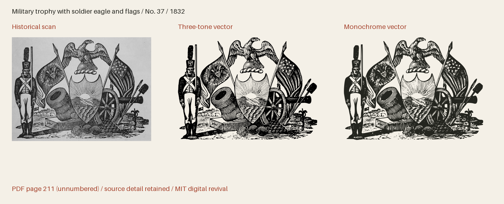 Historical scan beside the three-tone and monochrome vector revivals