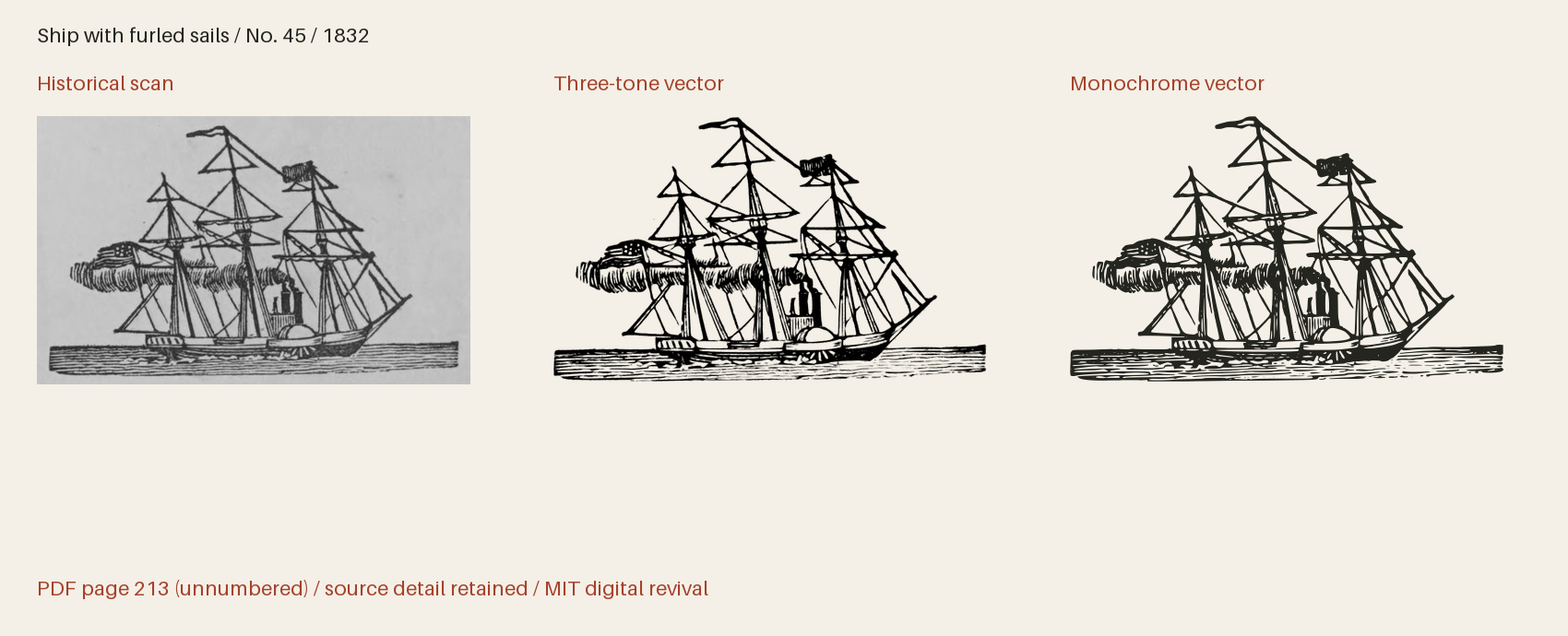 Historical scan beside the three-tone and monochrome vector revivals