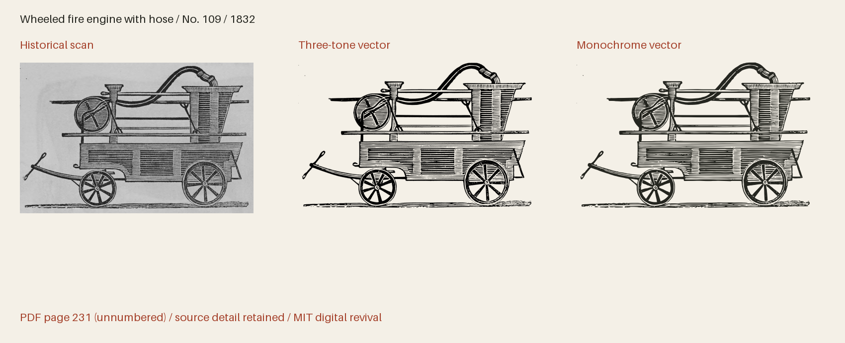 Historical scan beside the three-tone and monochrome vector revivals