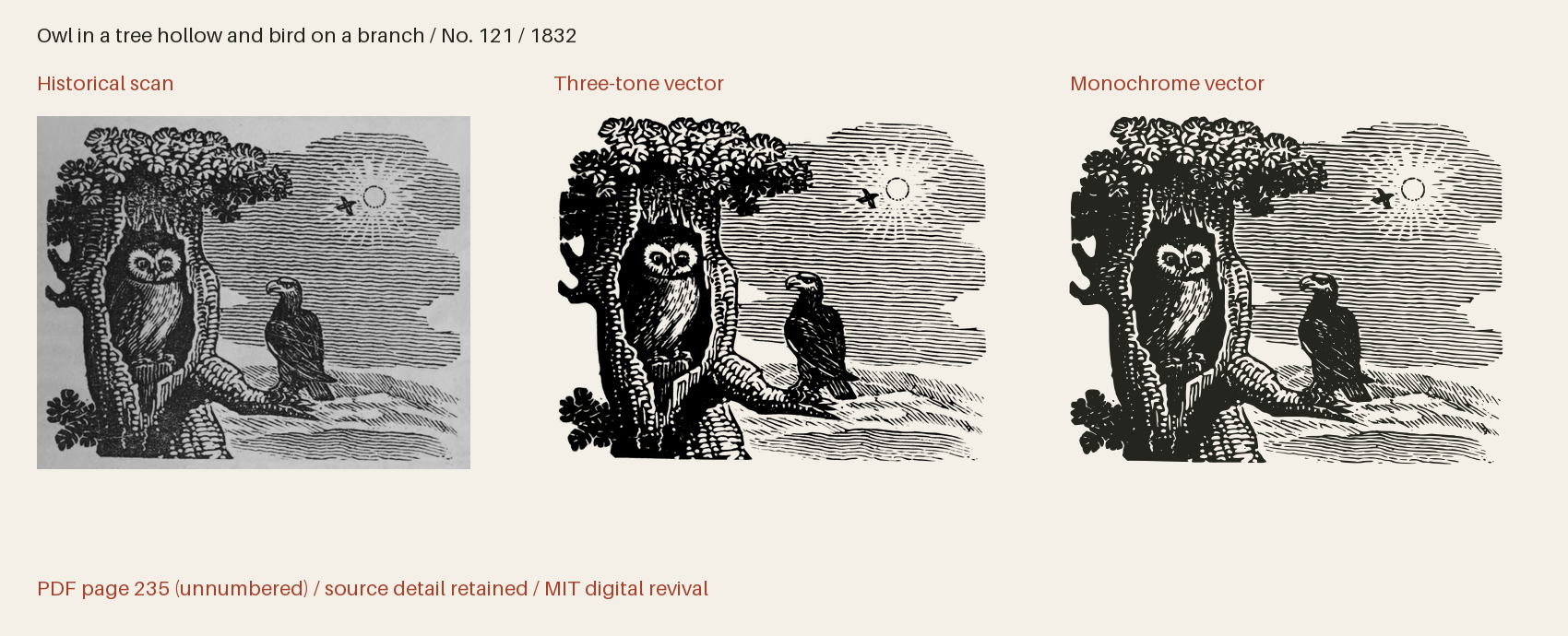 Historical scan beside the three-tone and monochrome vector revivals