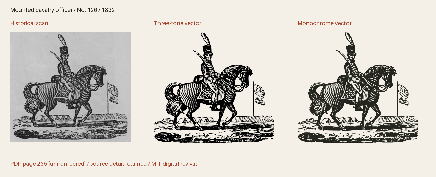 Historical scan beside the three-tone and monochrome vector revivals