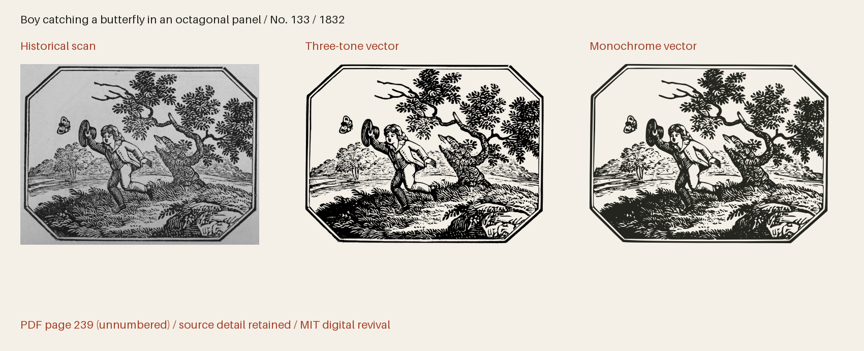 Historical scan beside the three-tone and monochrome vector revivals