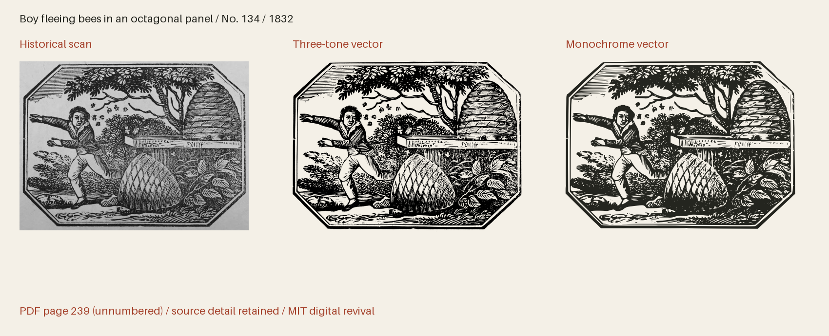 Historical scan beside the three-tone and monochrome vector revivals