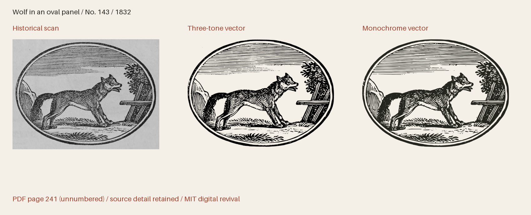 Historical scan beside the three-tone and monochrome vector revivals