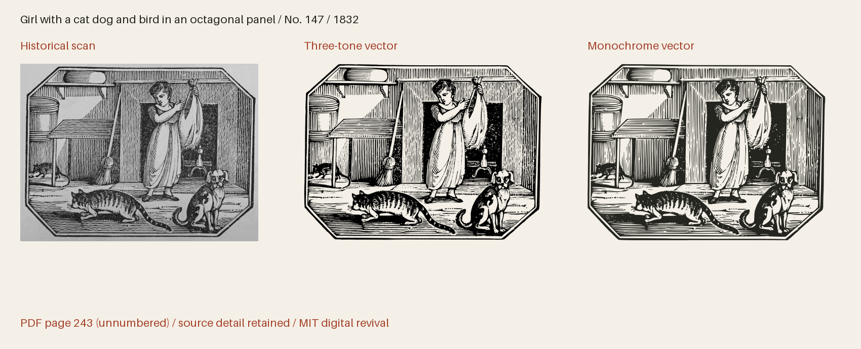 Historical scan beside the three-tone and monochrome vector revivals