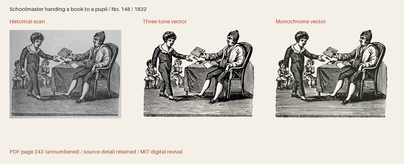 Historical scan beside the three-tone and monochrome vector revivals