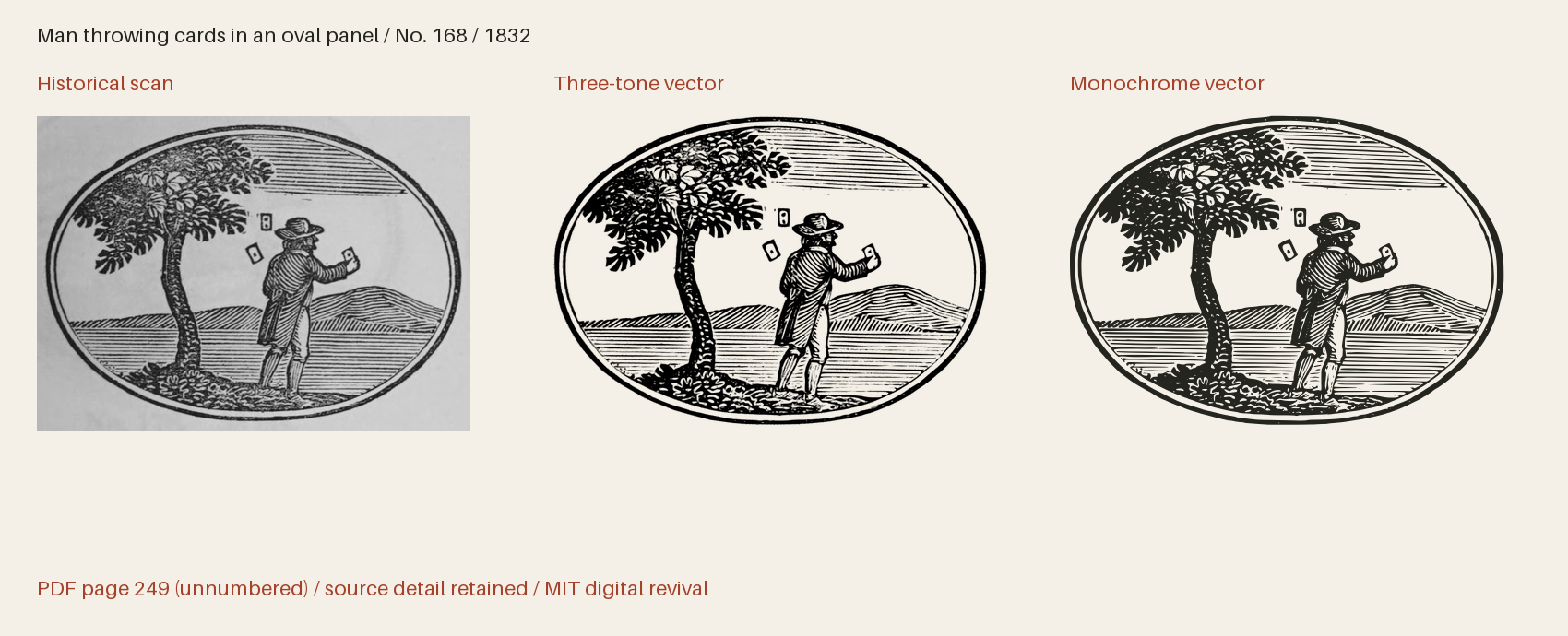 Historical scan beside the three-tone and monochrome vector revivals