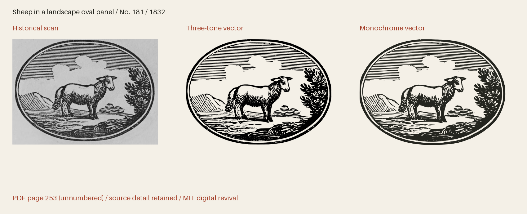 Historical scan beside the three-tone and monochrome vector revivals