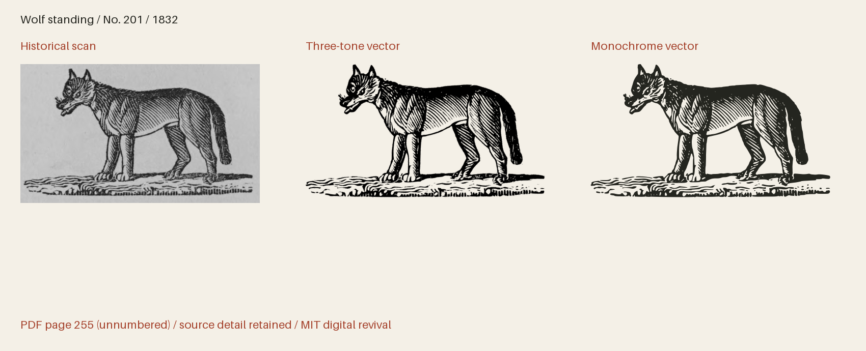 Historical scan beside the three-tone and monochrome vector revivals