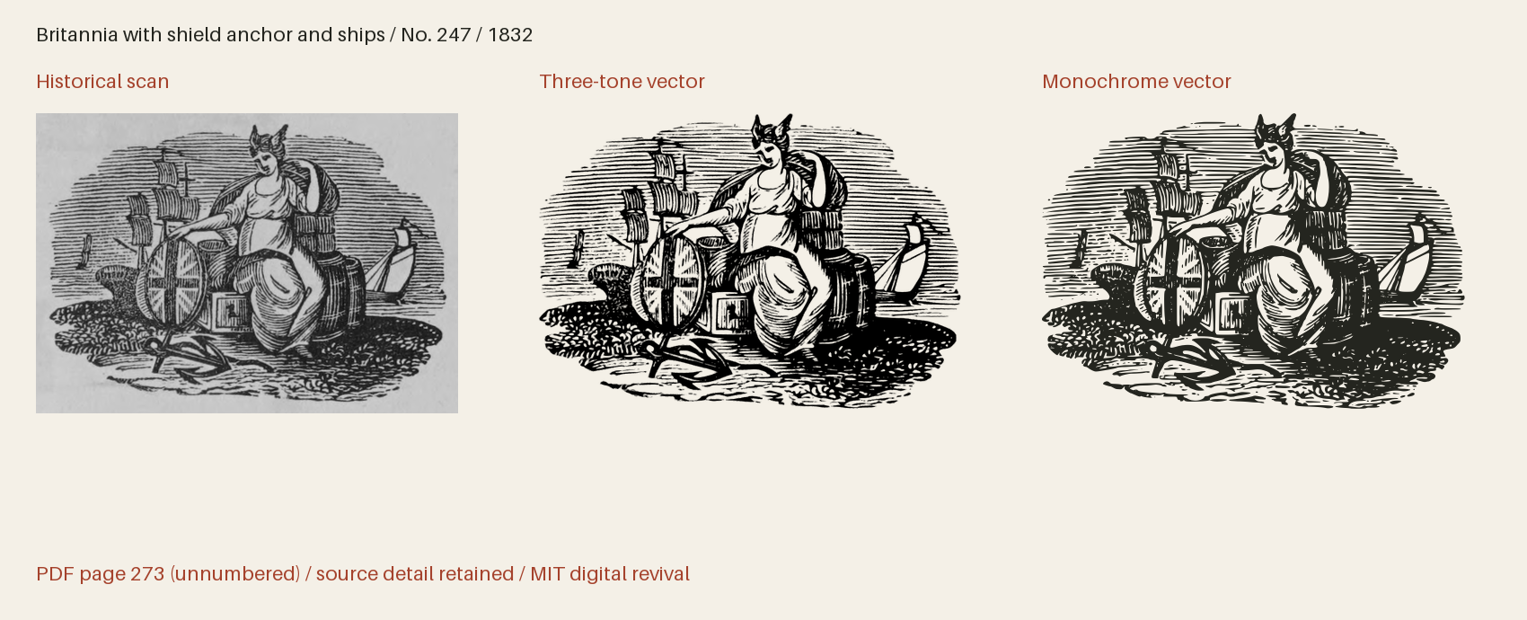 Historical scan beside the three-tone and monochrome vector revivals
