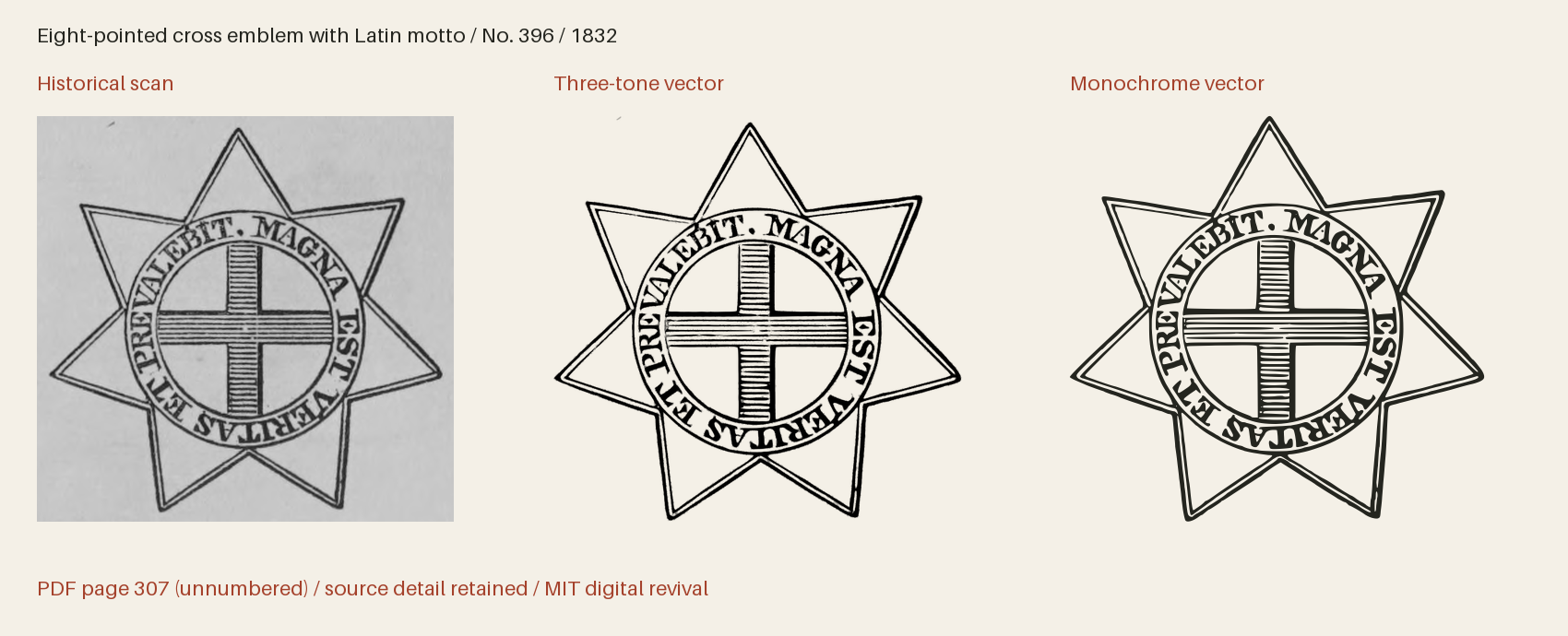 Historical scan beside the three-tone and monochrome vector revivals