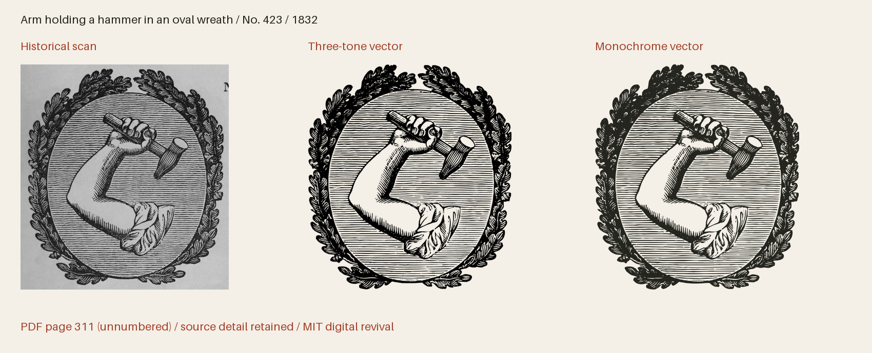 Historical scan beside the three-tone and monochrome vector revivals