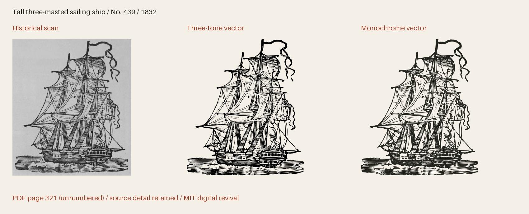 Historical scan beside the three-tone and monochrome vector revivals
