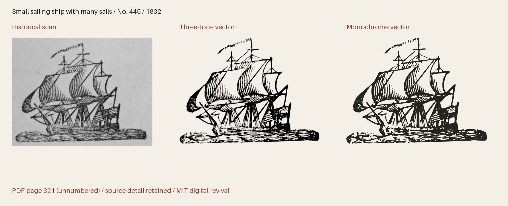 Historical scan beside the three-tone and monochrome vector revivals