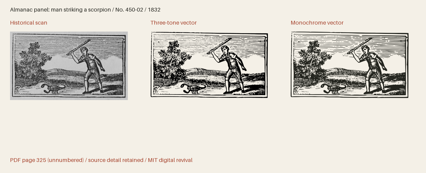 Historical scan beside the three-tone and monochrome vector revivals