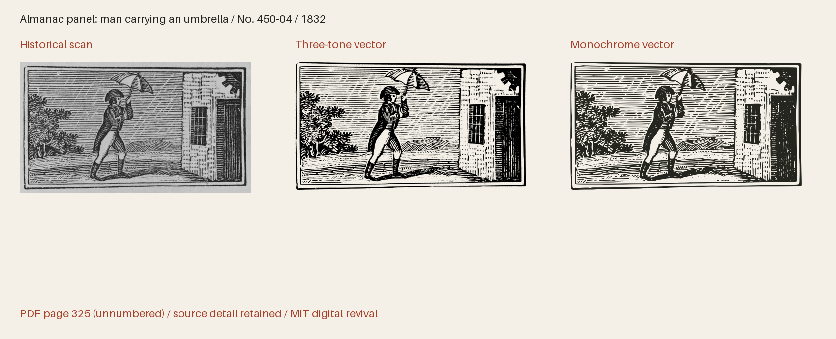 Historical scan beside the three-tone and monochrome vector revivals
