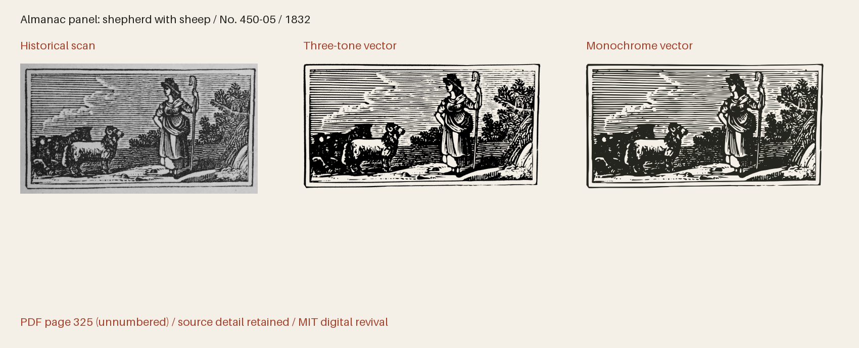 Historical scan beside the three-tone and monochrome vector revivals