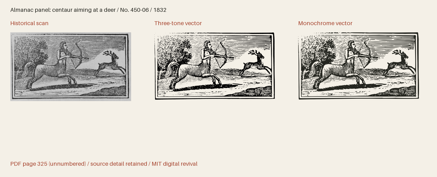 Historical scan beside the three-tone and monochrome vector revivals