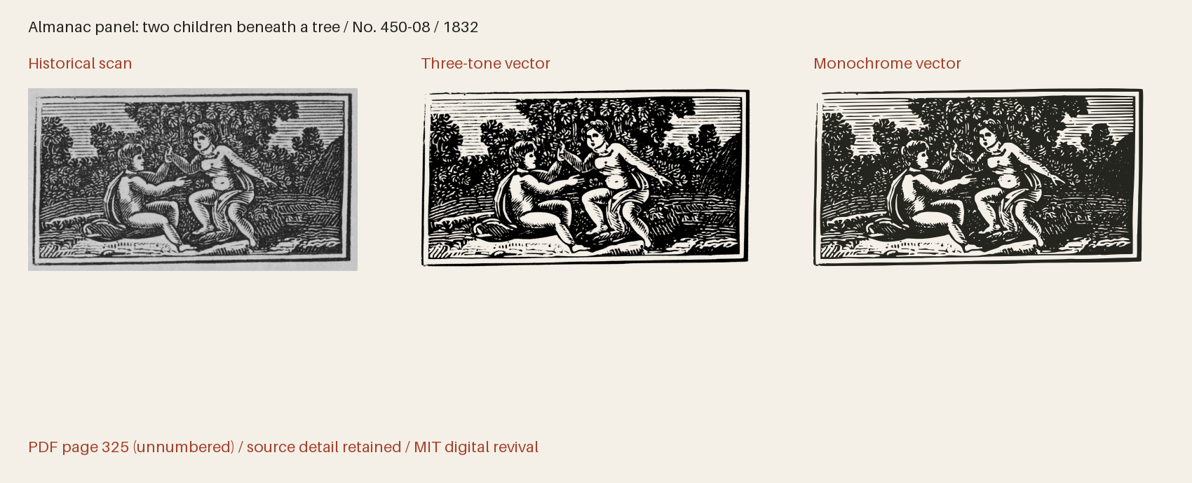 Historical scan beside the three-tone and monochrome vector revivals