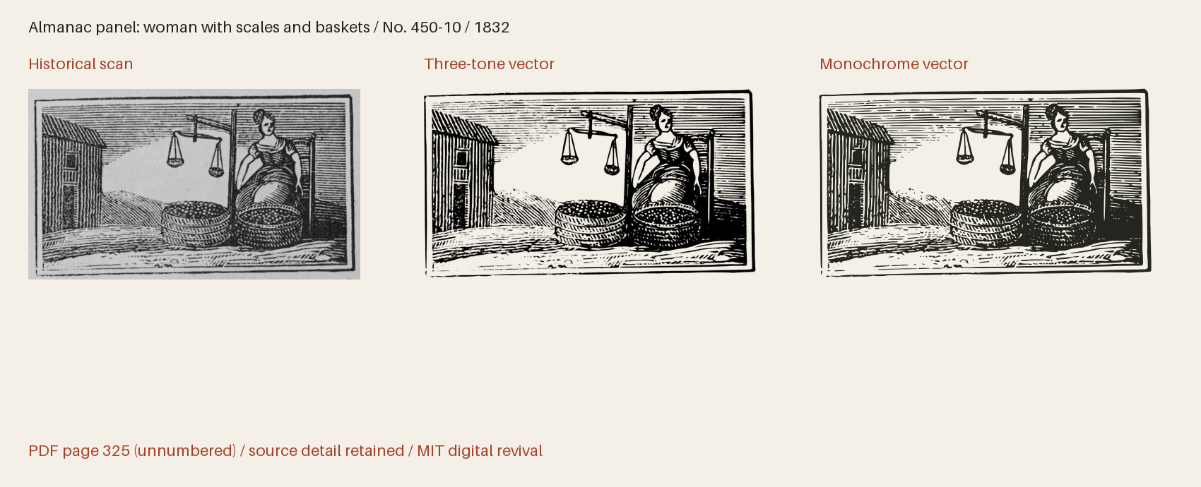 Historical scan beside the three-tone and monochrome vector revivals