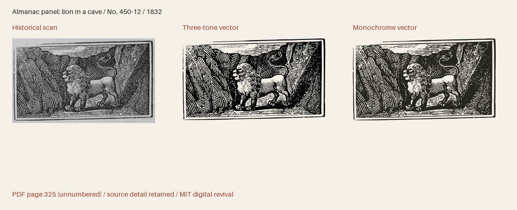 Historical scan beside the three-tone and monochrome vector revivals