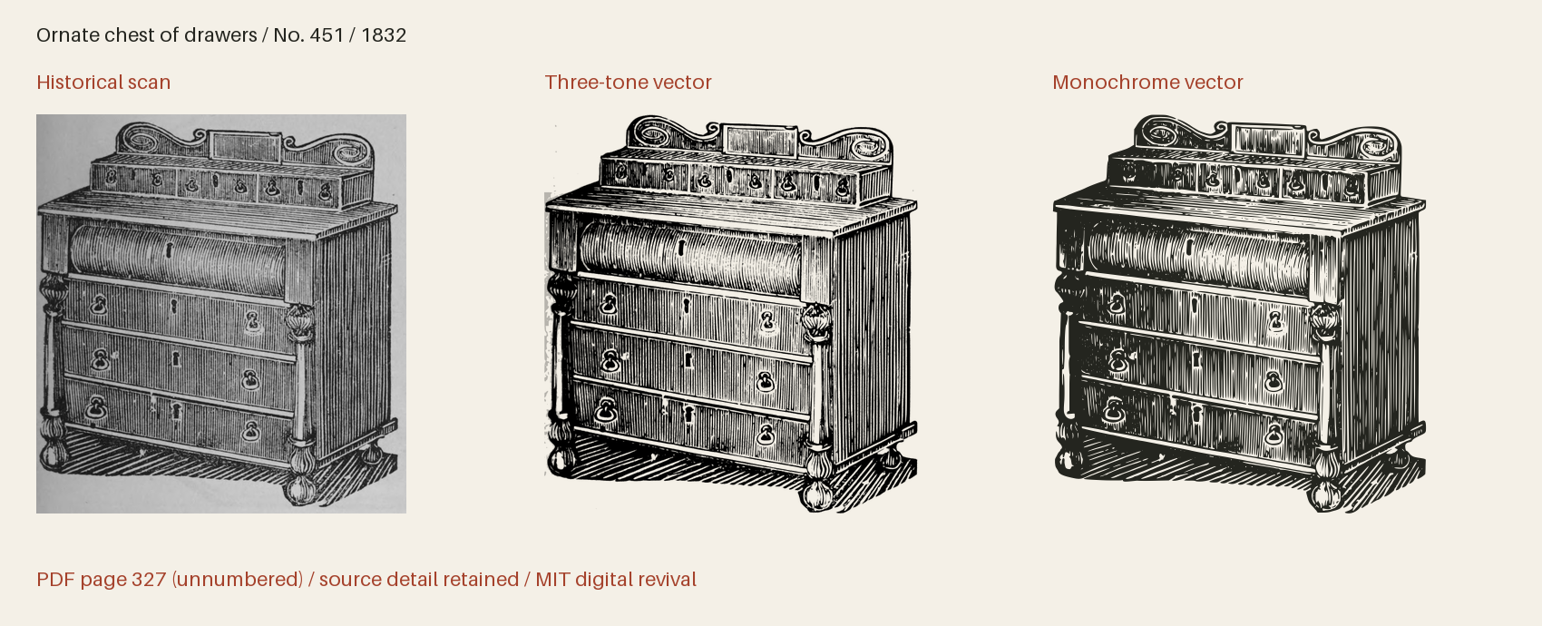 Historical scan beside the three-tone and monochrome vector revivals