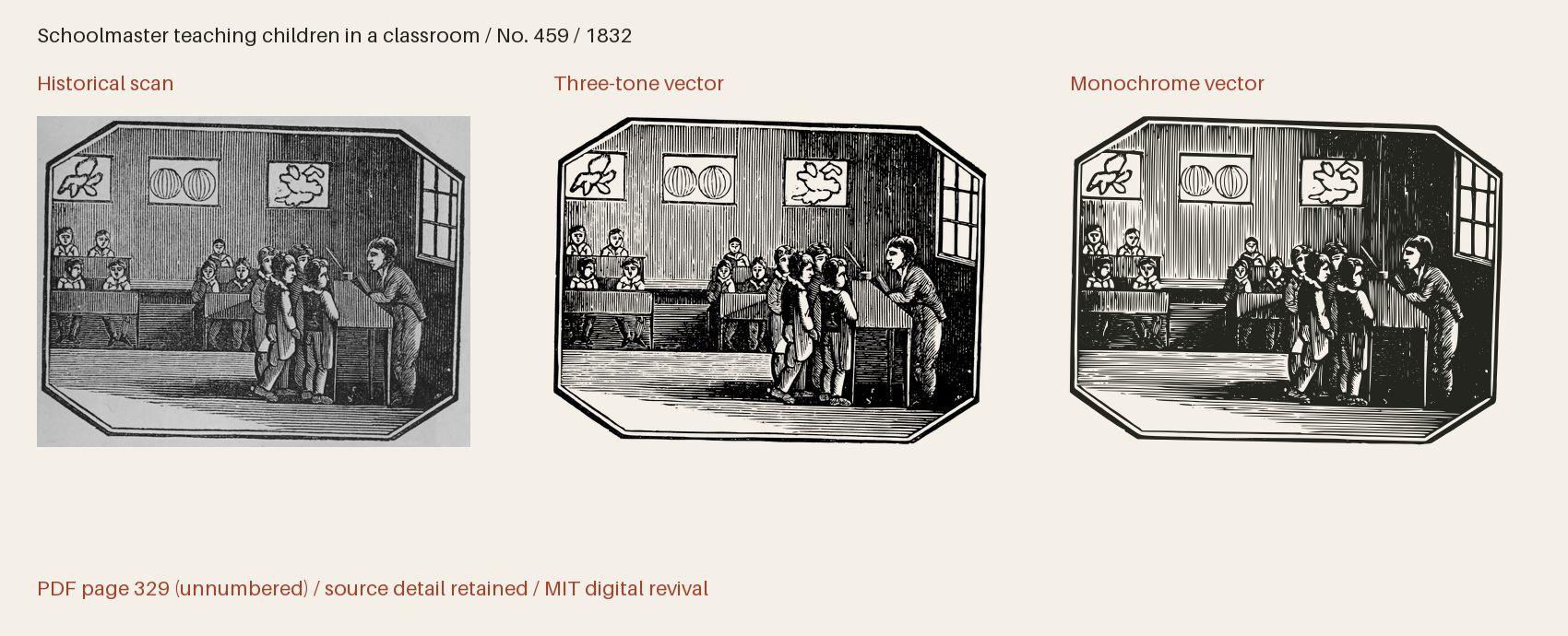 Historical scan beside the three-tone and monochrome vector revivals