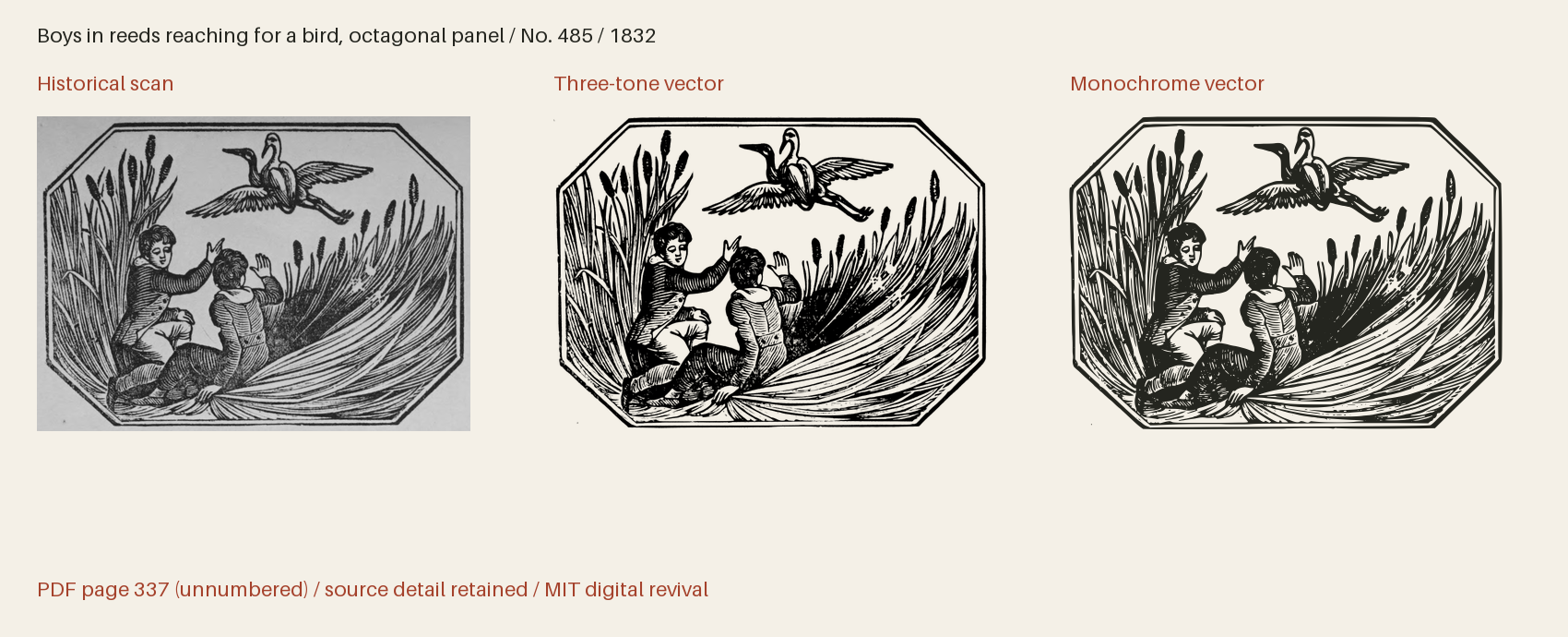 Historical scan beside the three-tone and monochrome vector revivals
