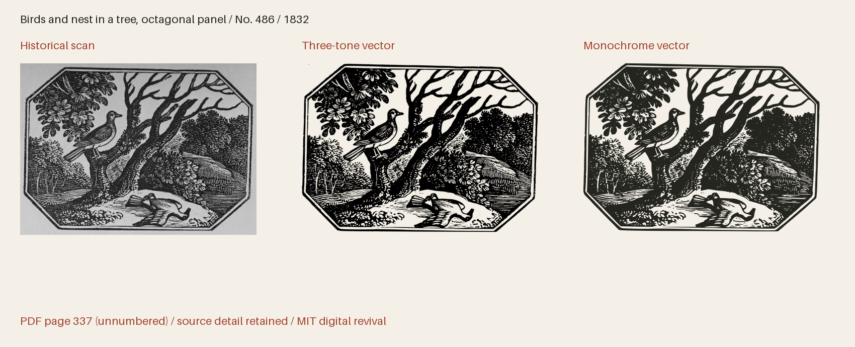 Historical scan beside the three-tone and monochrome vector revivals