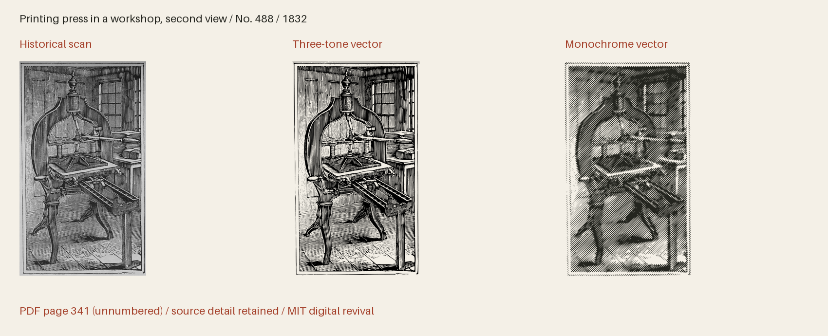 Historical scan beside the three-tone and monochrome vector revivals