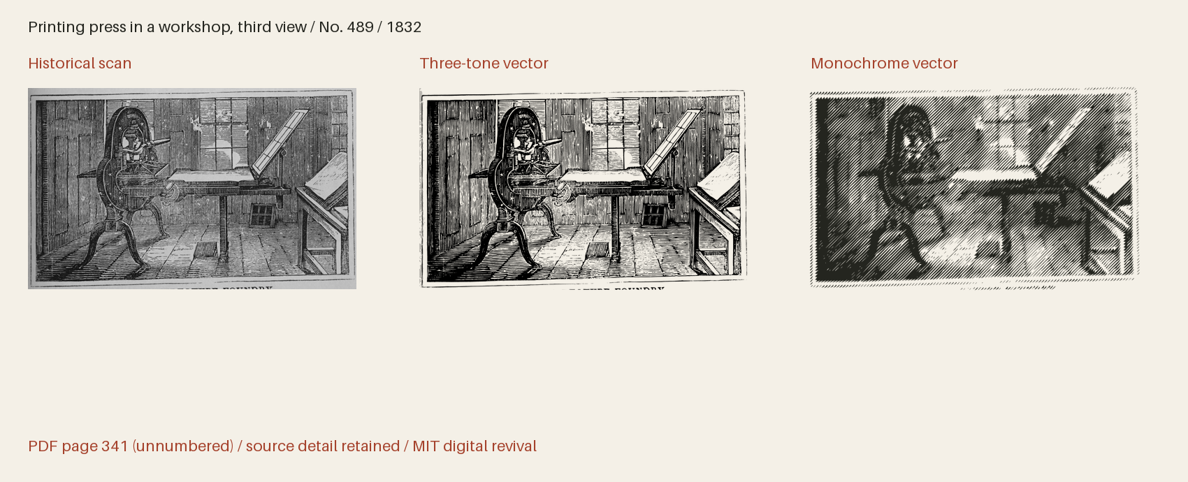 Historical scan beside the three-tone and monochrome vector revivals