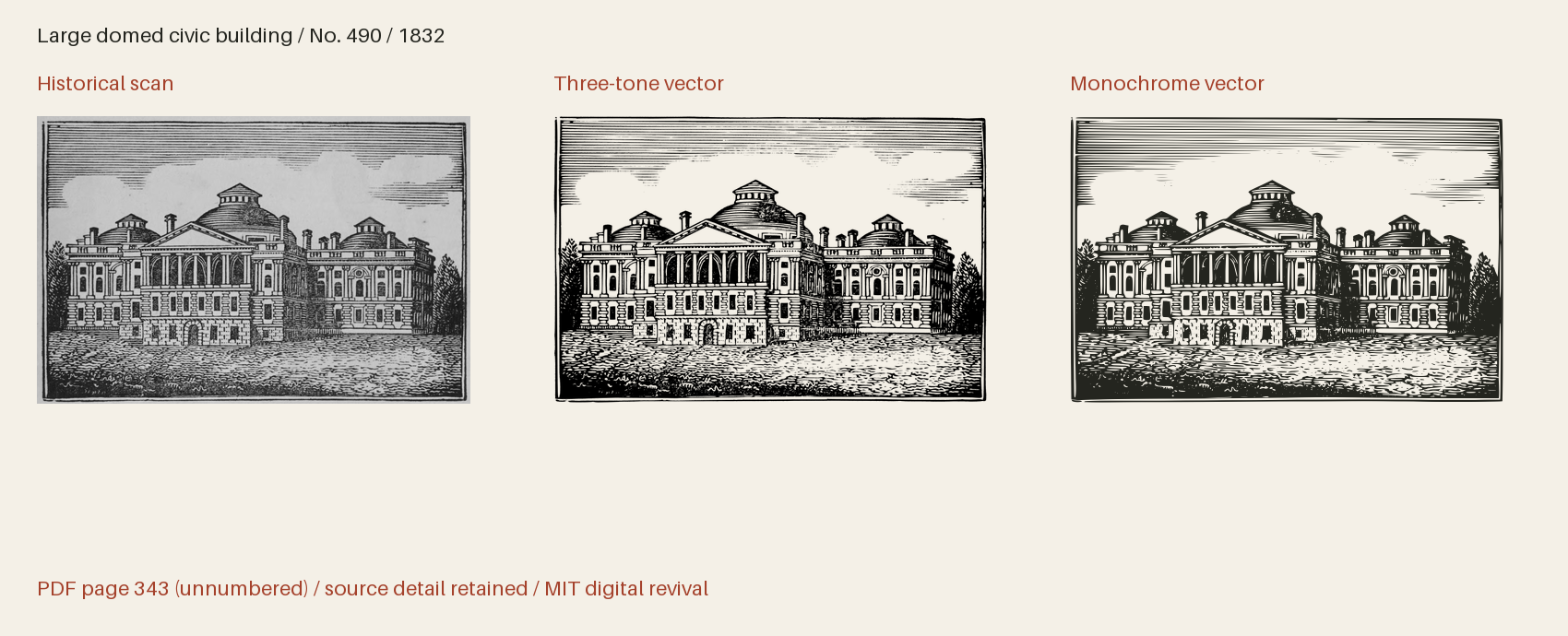 Historical scan beside the three-tone and monochrome vector revivals