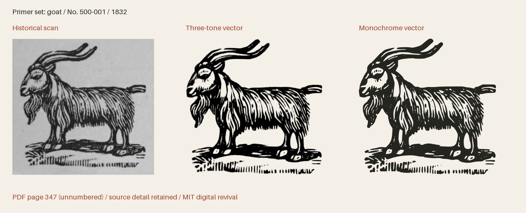 Historical scan beside the three-tone and monochrome vector revivals