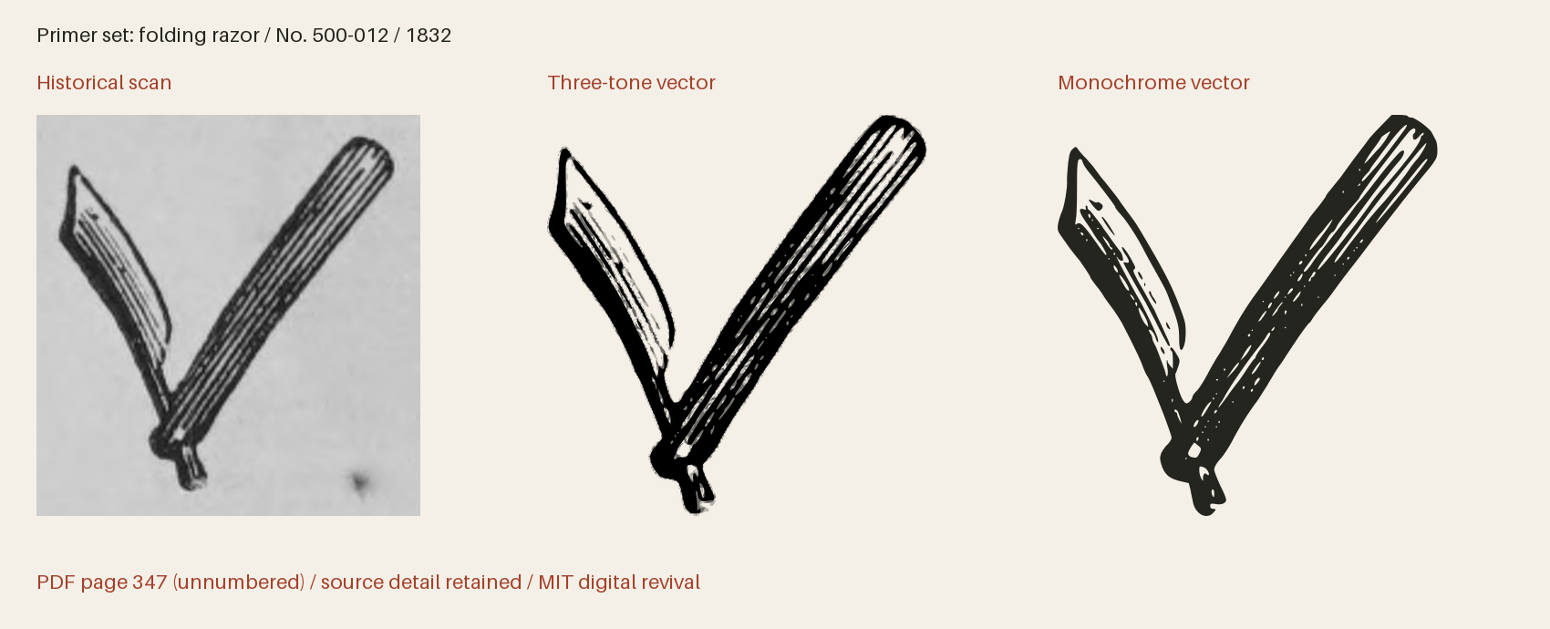 Historical scan beside the three-tone and monochrome vector revivals