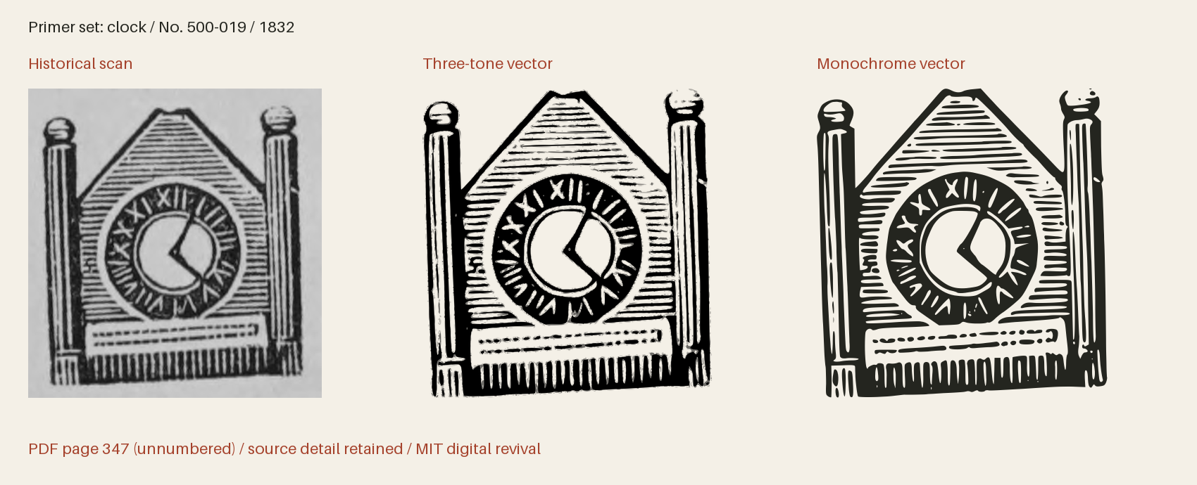 Historical scan beside the three-tone and monochrome vector revivals
