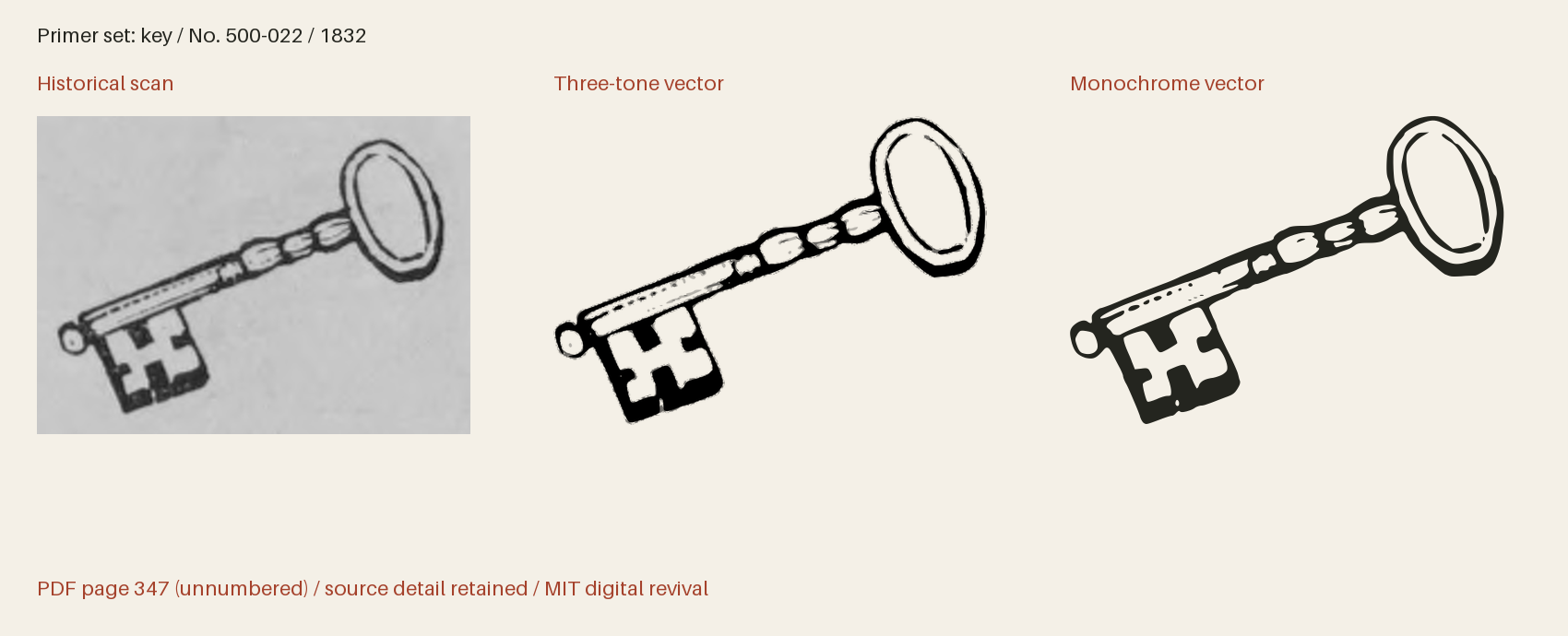 Historical scan beside the three-tone and monochrome vector revivals