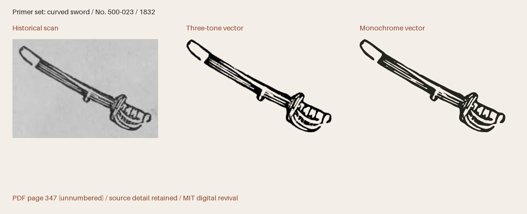 Historical scan beside the three-tone and monochrome vector revivals