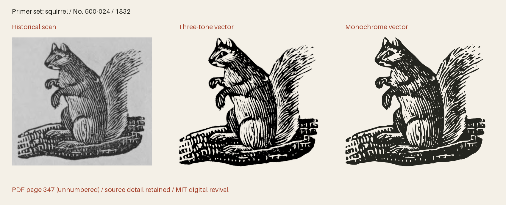 Historical scan beside the three-tone and monochrome vector revivals
