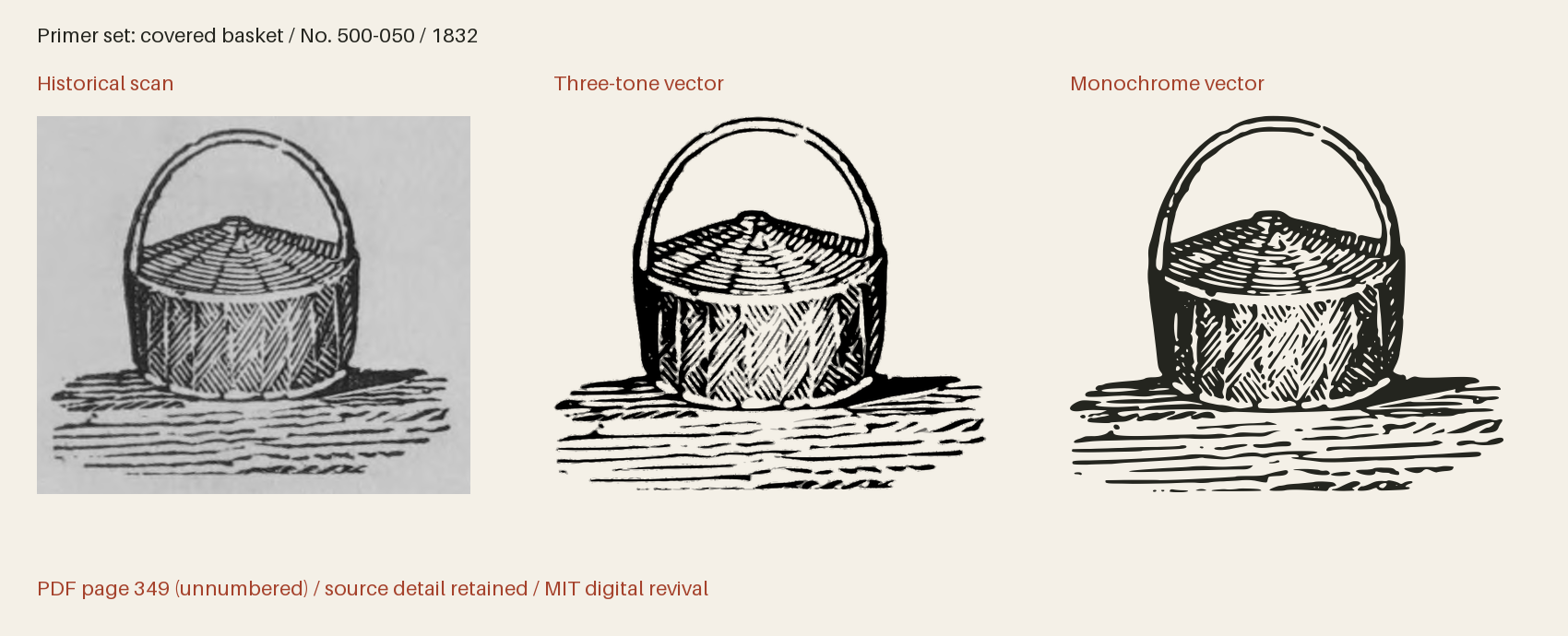 Historical scan beside the three-tone and monochrome vector revivals