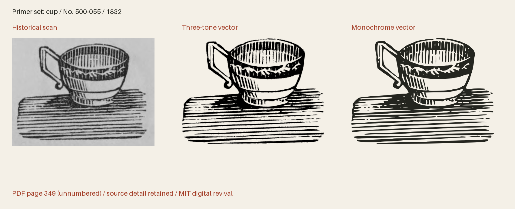 Historical scan beside the three-tone and monochrome vector revivals