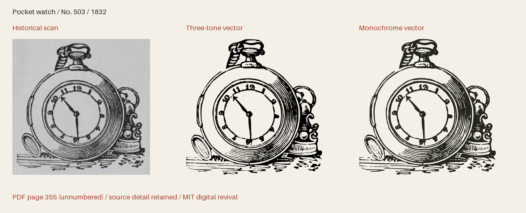 Historical scan beside the three-tone and monochrome vector revivals