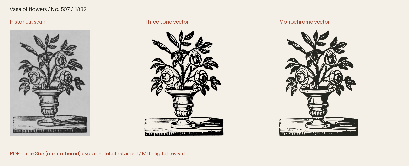 Historical scan beside the three-tone and monochrome vector revivals