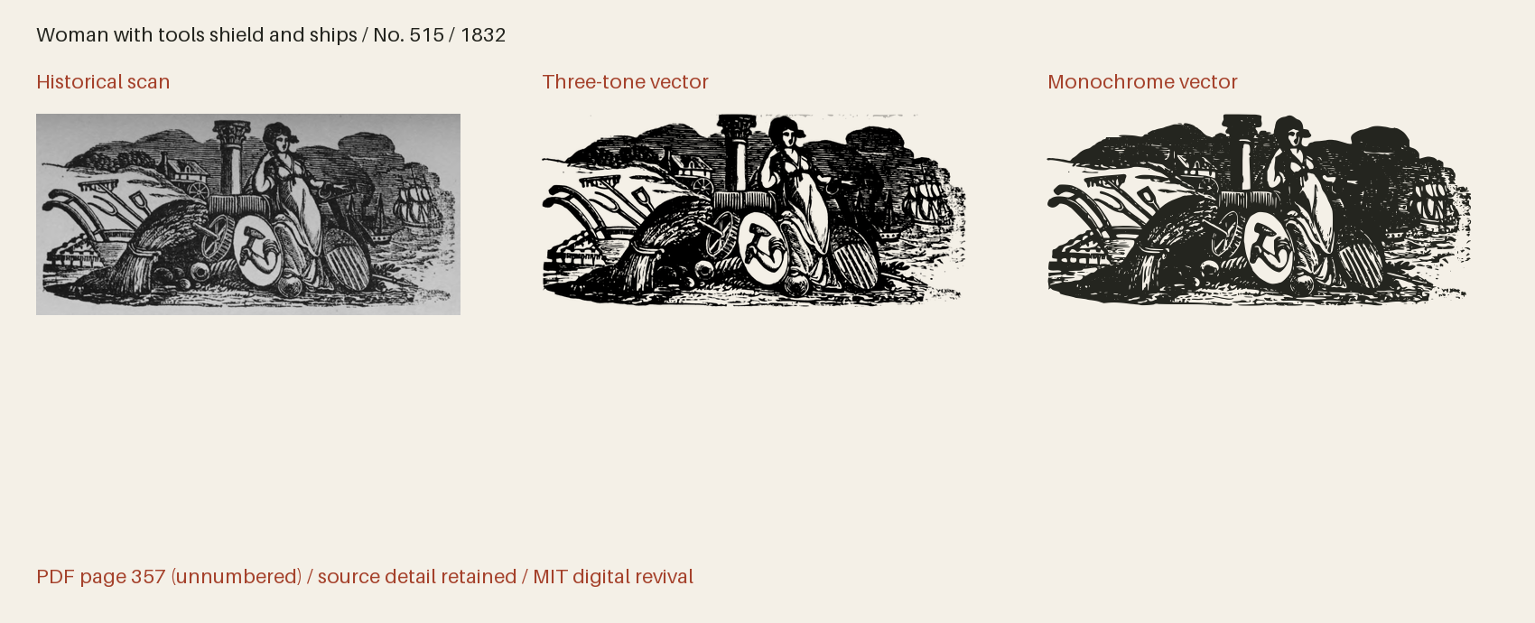 Historical scan beside the three-tone and monochrome vector revivals
