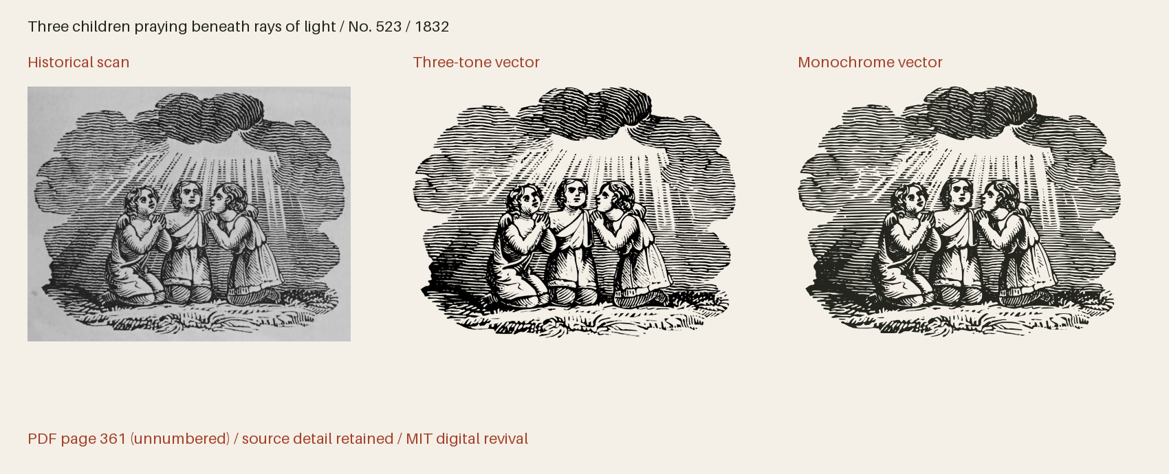 Historical scan beside the three-tone and monochrome vector revivals
