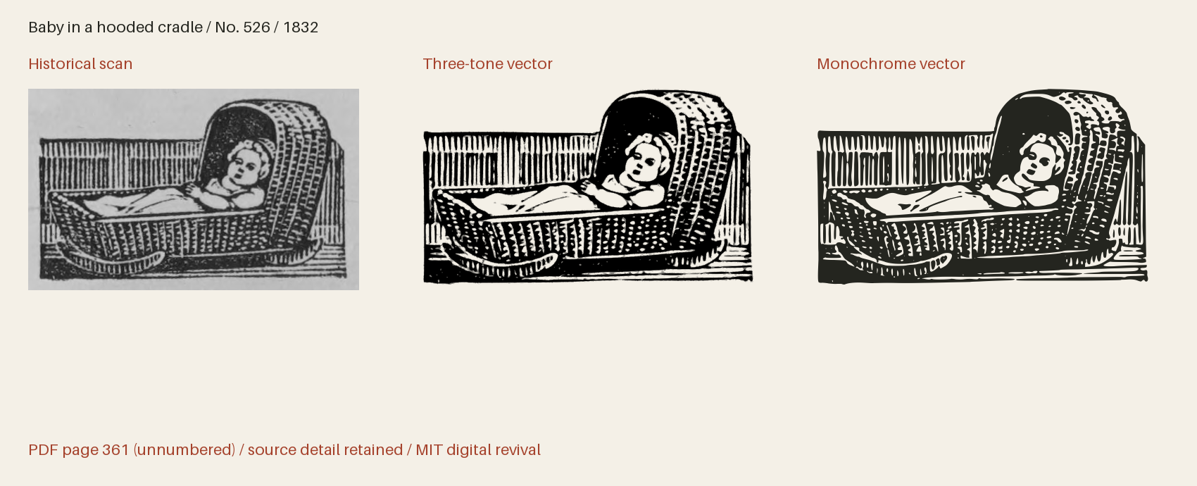 Historical scan beside the three-tone and monochrome vector revivals