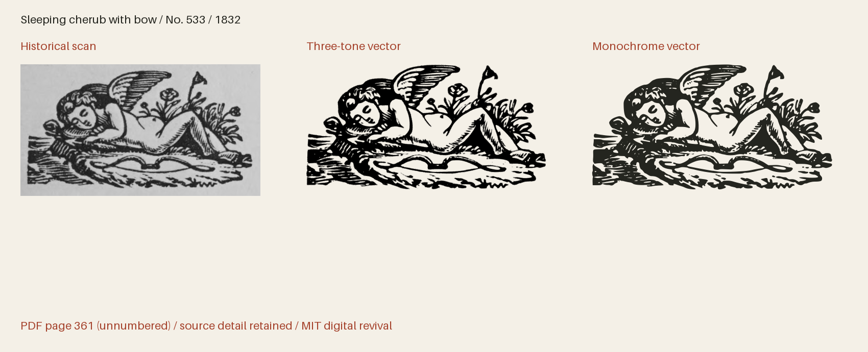 Historical scan beside the three-tone and monochrome vector revivals